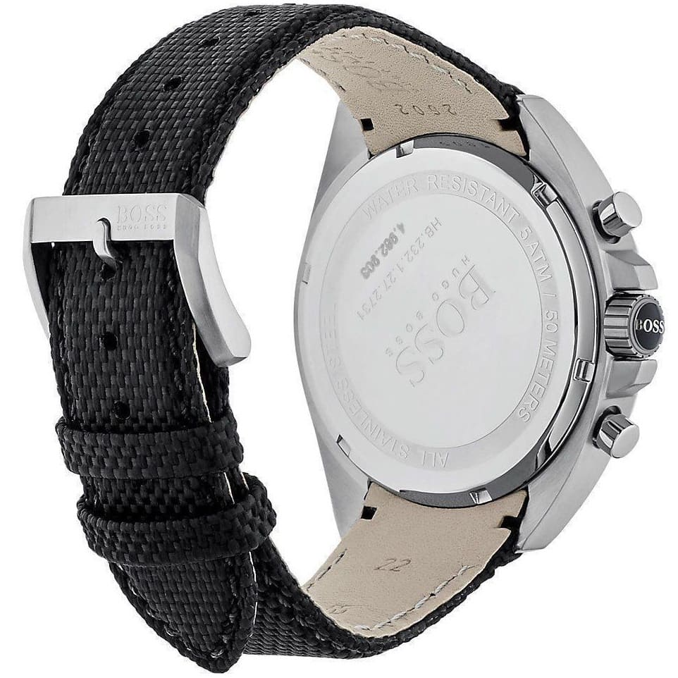 Hugo Boss watch caseback showing stainless steel with engraved branding and leather-lined nylon strap
