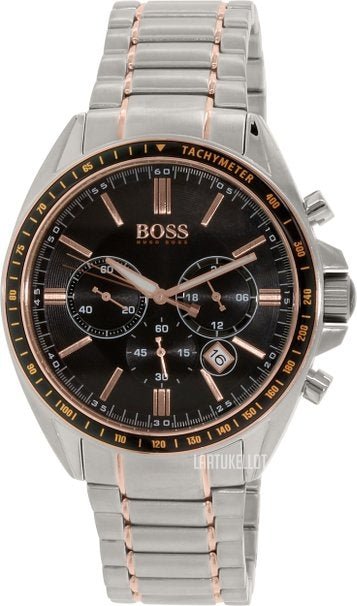 Hugo Boss 1513094 chronograph showing angled view of two-tone bracelet and dial
