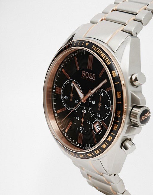 Hugo Boss 1513094 chronograph side profile showing case and two-tone steel links