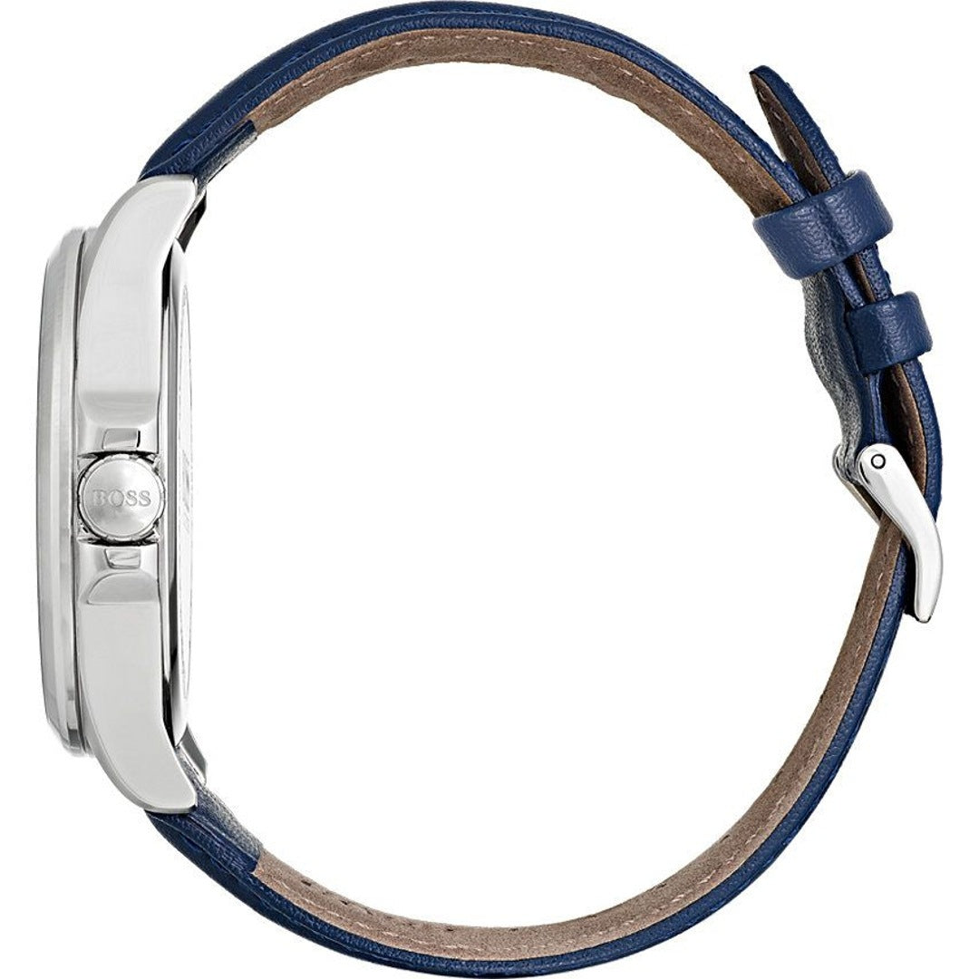 Side profile of Hugo Boss The James Sport watch showing stainless steel case and blue leather strap