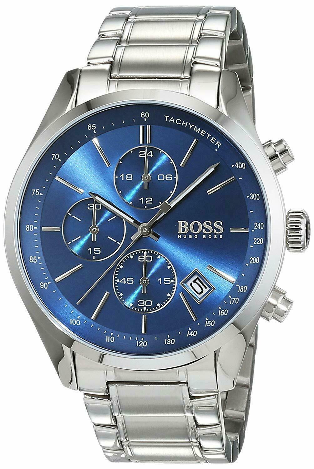 Hugo Boss chronograph watch angled view showing blue sunburst dial and three subdials