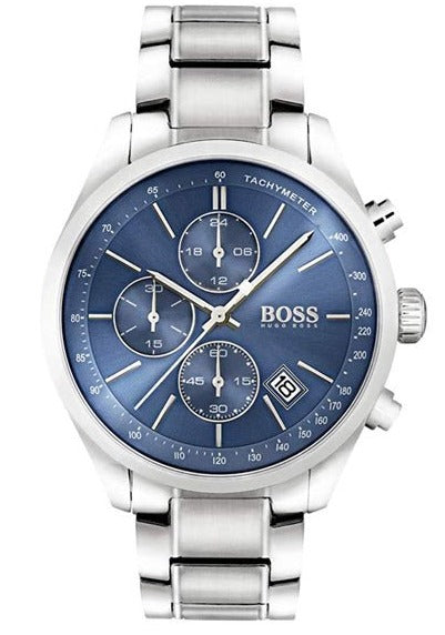 Hugo Boss chronograph watch with blue dial and tachymeter scale on stainless steel bracelet