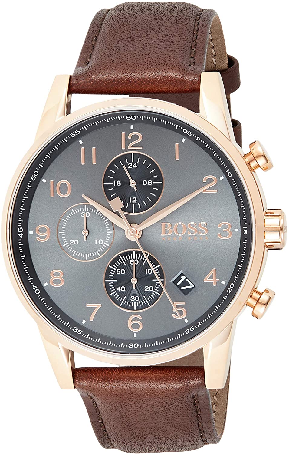 HUGO BOSS chronograph watch angle view showing rose-gold case with brown leather strap