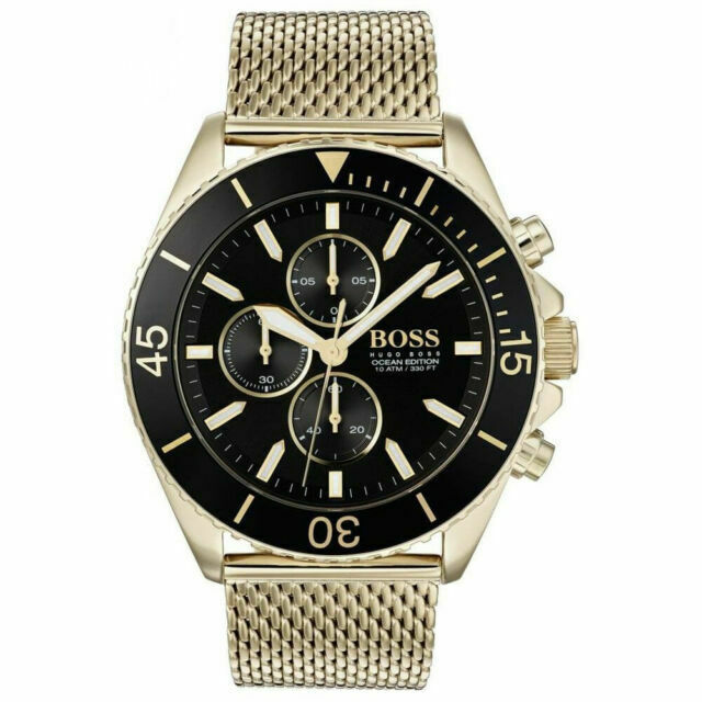 Hugo Boss yellow stainless steel chronograph watch with black dial and mesh strap