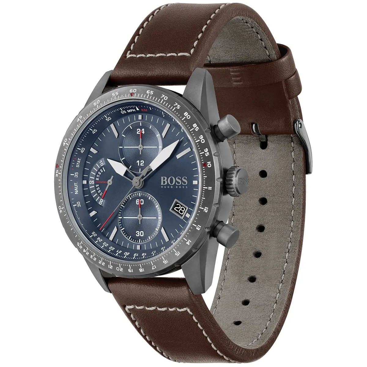 Hugo Boss Pilot chronograph watch angled view showing blue dial and brown strap