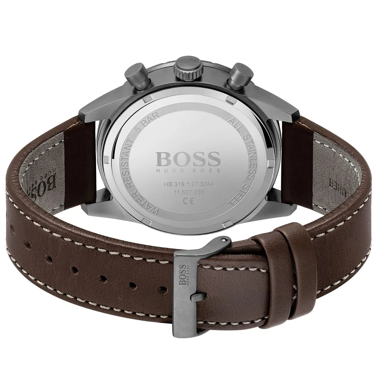 Hugo Boss Pilot watch caseback showing stainless steel back with engraving