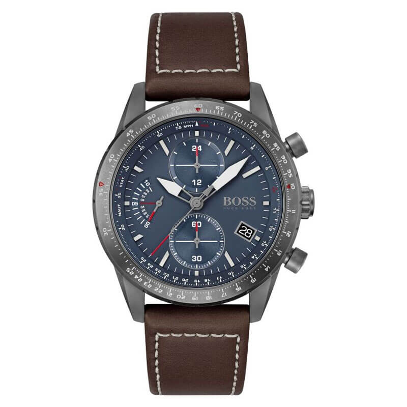 Hugo Boss Pilot Edition chronograph watch with blue dial and brown leather strap