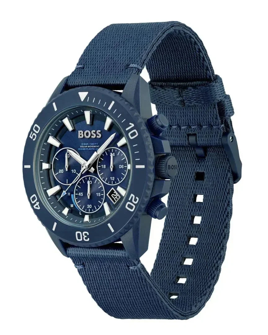 Hugo Boss Admiral chronograph watch at angle showing case, dial, and strap