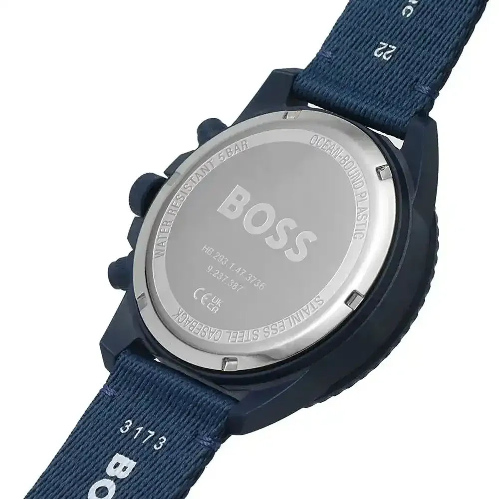 Hugo Boss Admiral watch caseback showing engraved details and textile strap