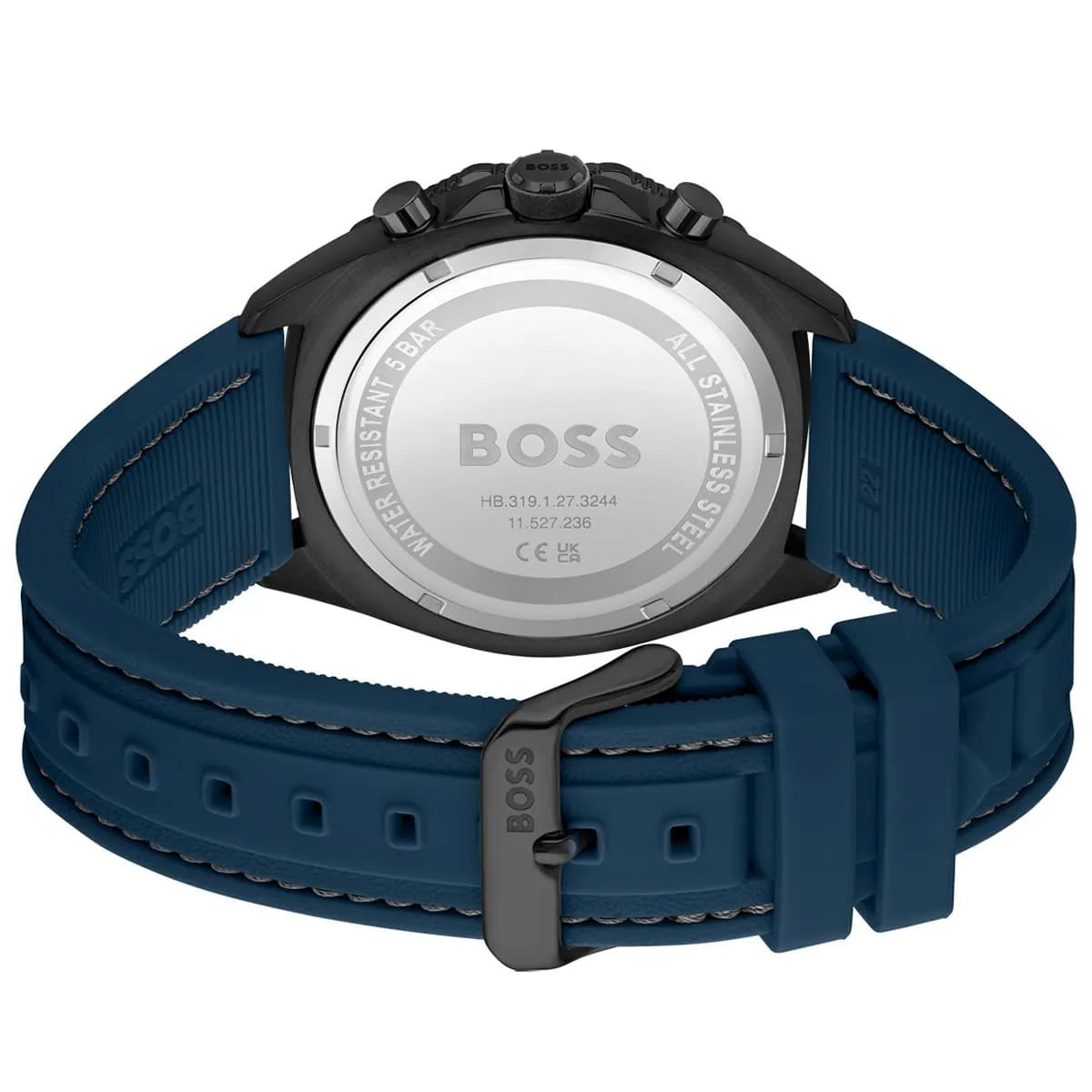 Hugo Boss Chrono case back showing stainless steel with model number and specifications