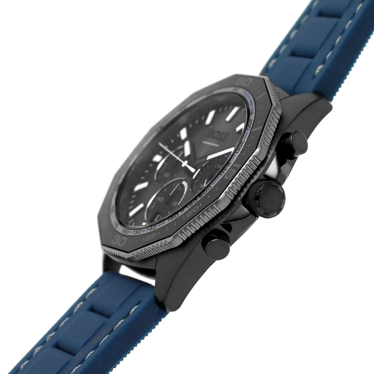 Close-up of Hugo Boss Chrono dial showing chronograph pushers and gray dial with indices