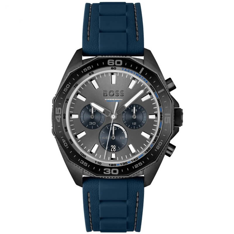 Hugo Boss Chrono black IP chronograph watch with gray dial and blue rubber strap