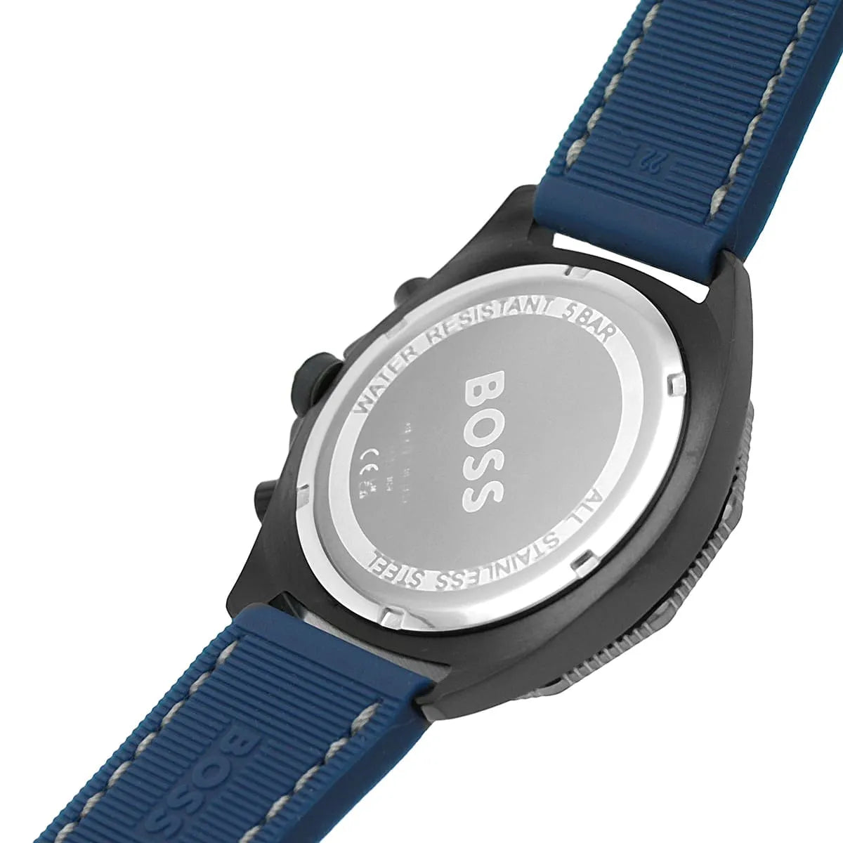 Hugo Boss Chrono blue rubber strap with white stitching and black IP case