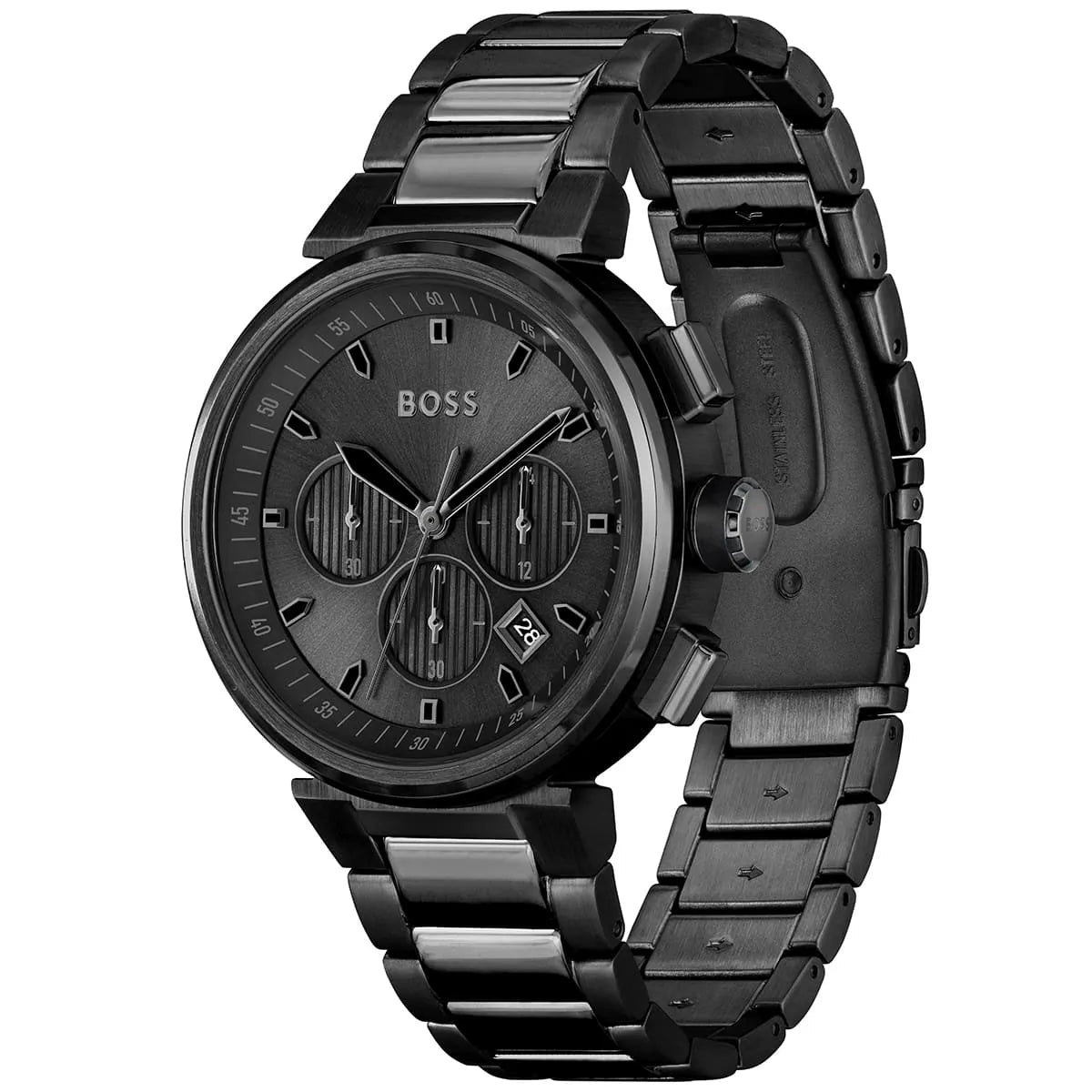 Hugo Boss 1514001 chronograph watch three-quarter angle view showing black dial and metal bracelet