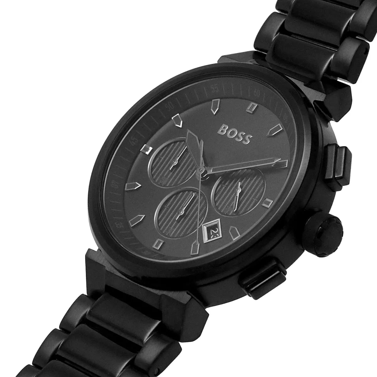 Hugo Boss 1514001 chronograph dial close-up with three subdials and BOSS branding