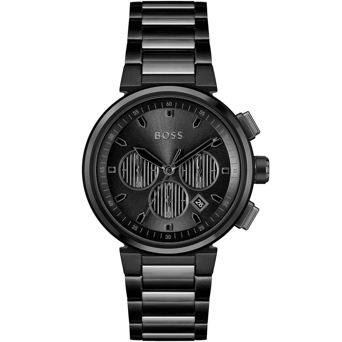 Hugo Boss 1514001 black chronograph watch with black dial and stainless steel bracelet