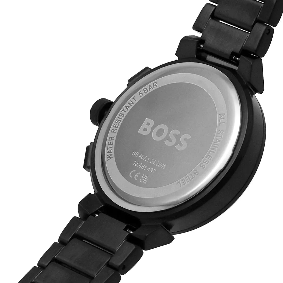 Hugo Boss 1514001 watch side view showing black stainless steel case and chronograph pushers