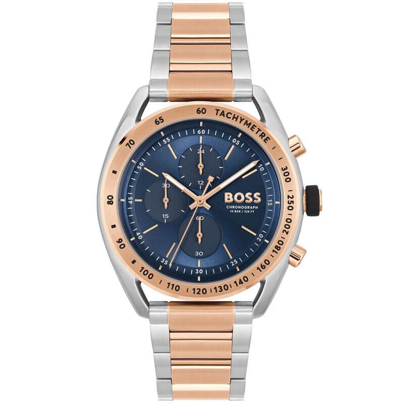 Hugo Boss two-tone chronograph watch with blue dial and rose gold accents
