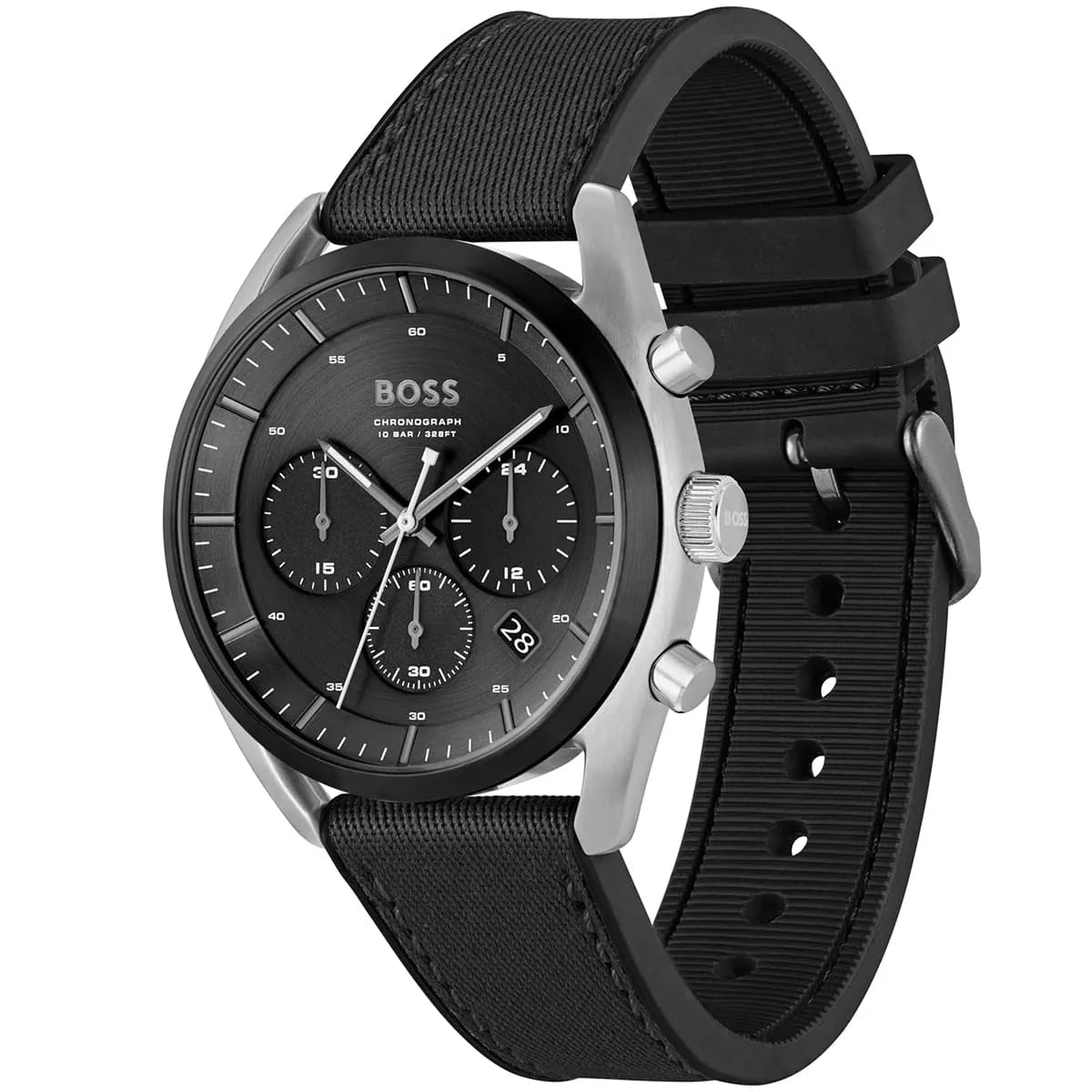 Hugo Boss Sport Lux chronograph watch with multiple subdials, showing three-quarter view with black silicone strap