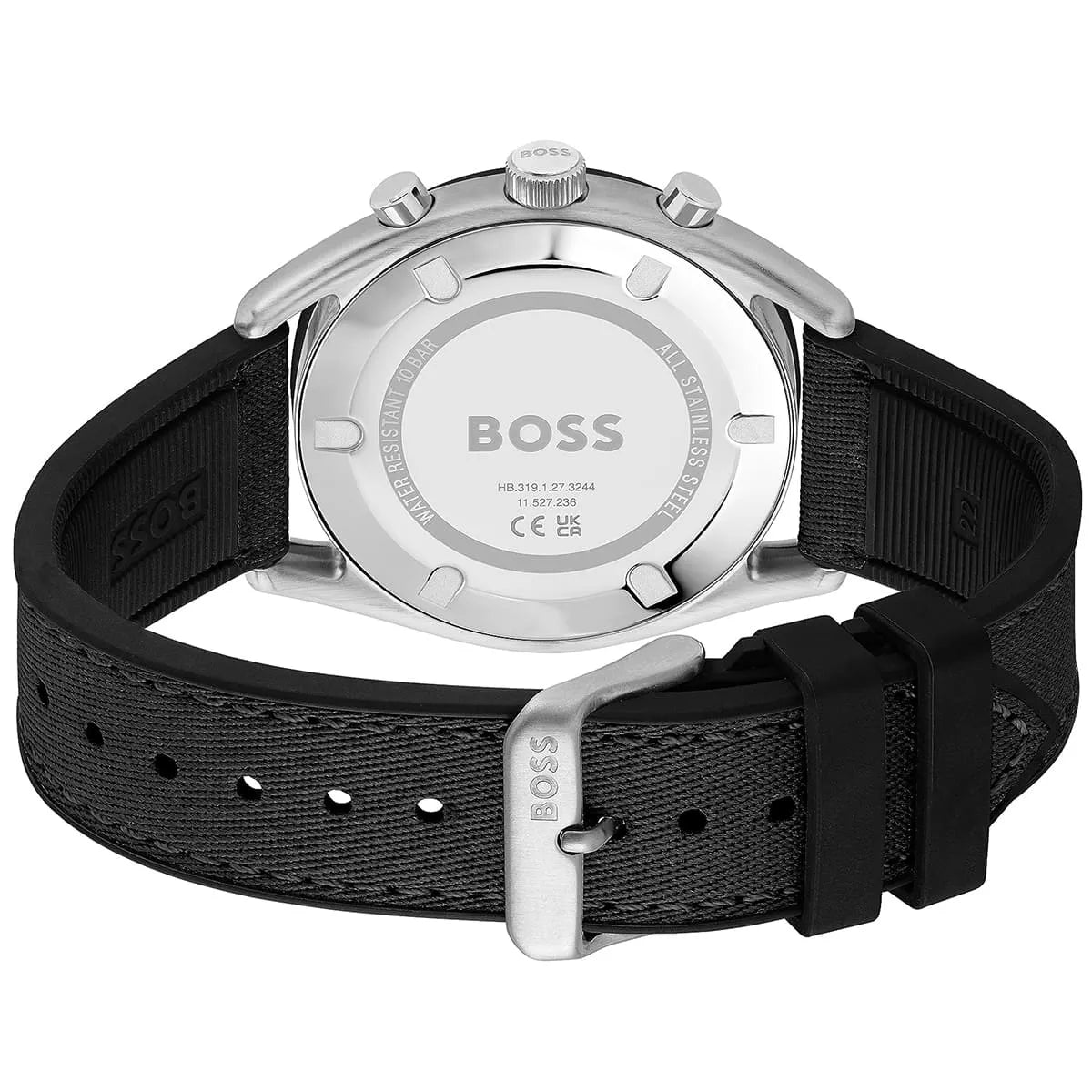 Case back of Hugo Boss Sport Lux watch showing silver-tone finish and model information