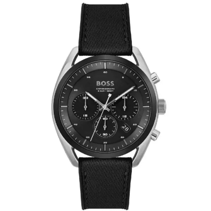 Hugo Boss Sport Lux chronograph watch with black dial and black silicone strap