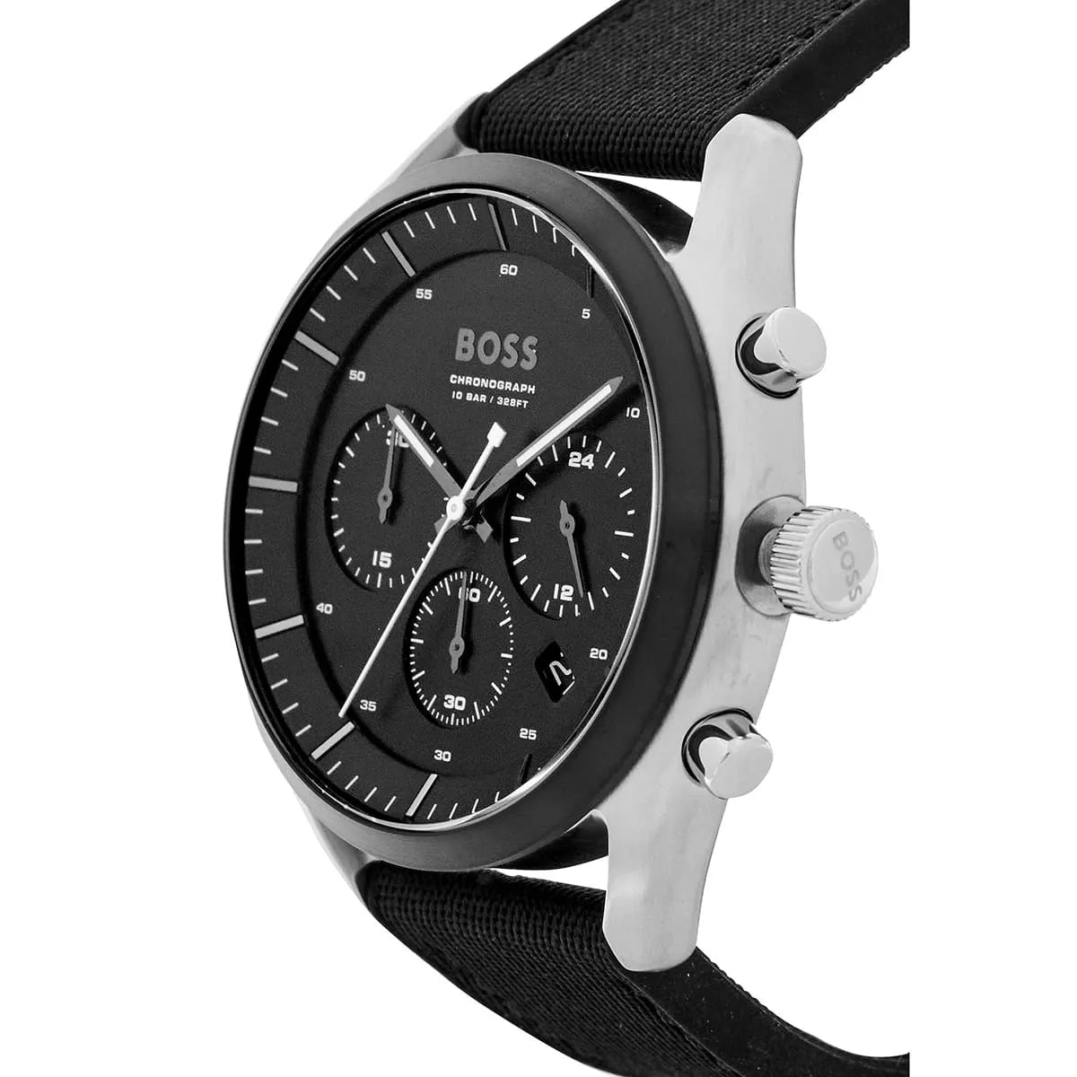 Side profile of Hugo Boss Sport Lux chronograph watch showing silver-tone case and crown pushers