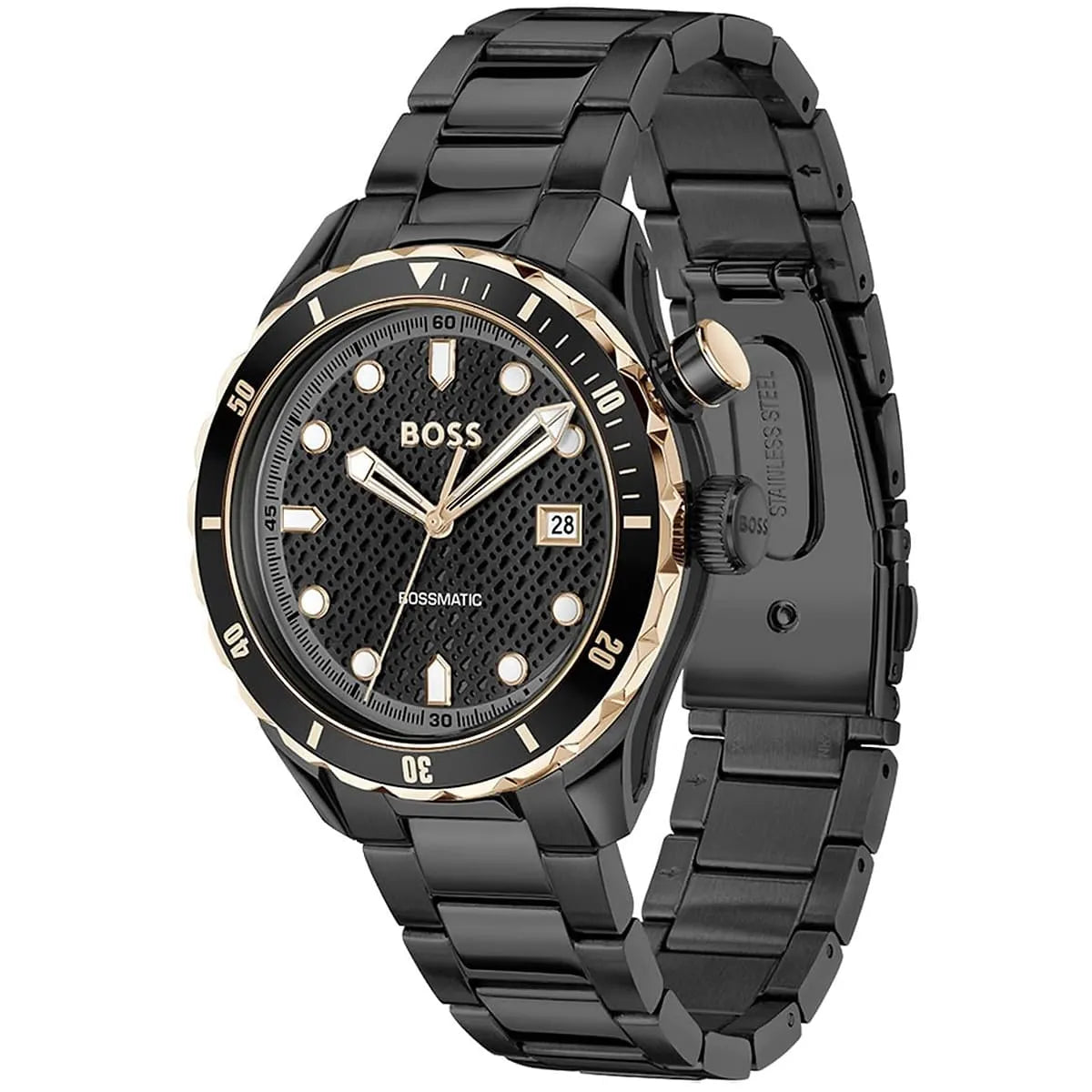 HUGO BOSS men's watch showing side profile with black metal bracelet and crown detail