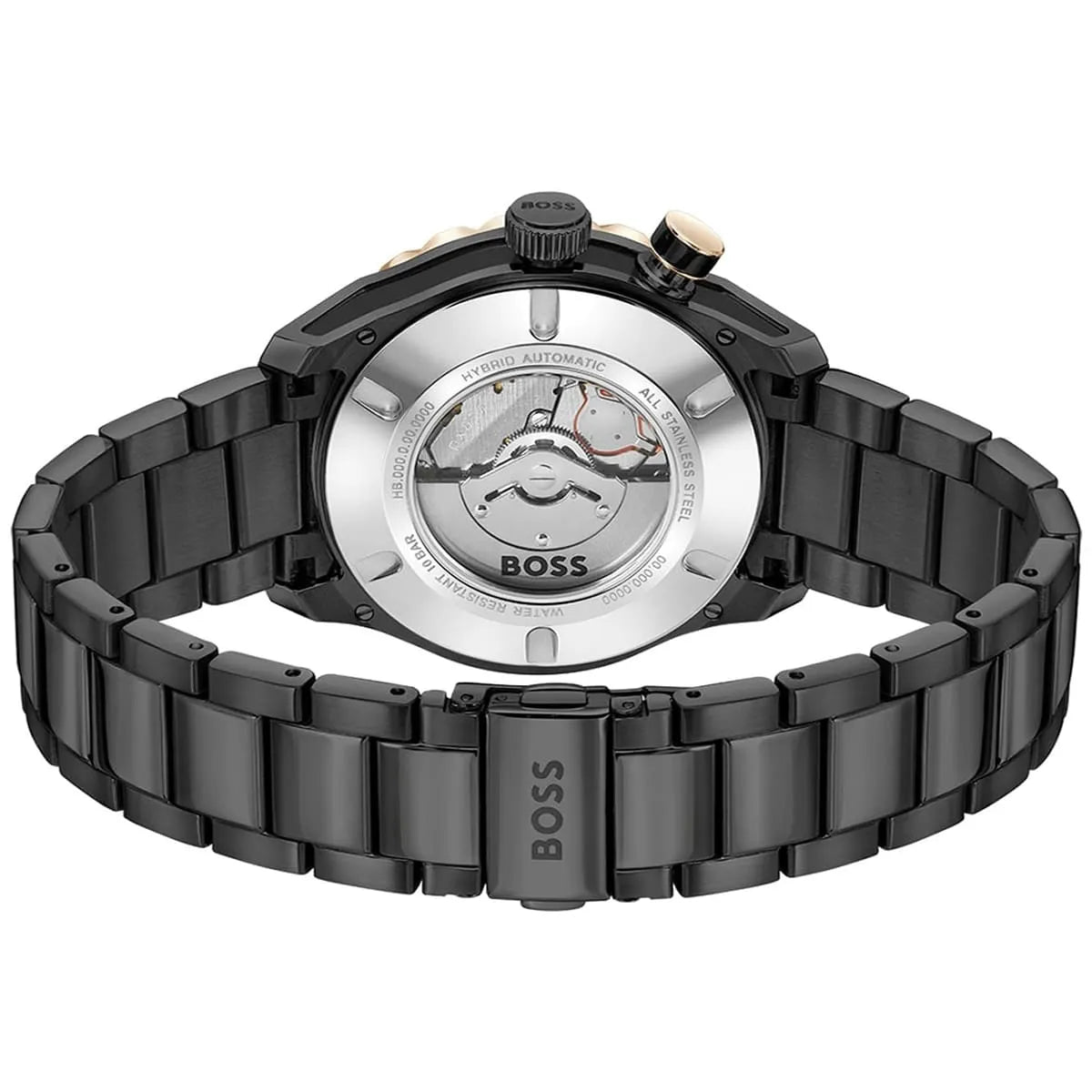HUGO BOSS watch caseback showing visible movement with transparent exhibition window