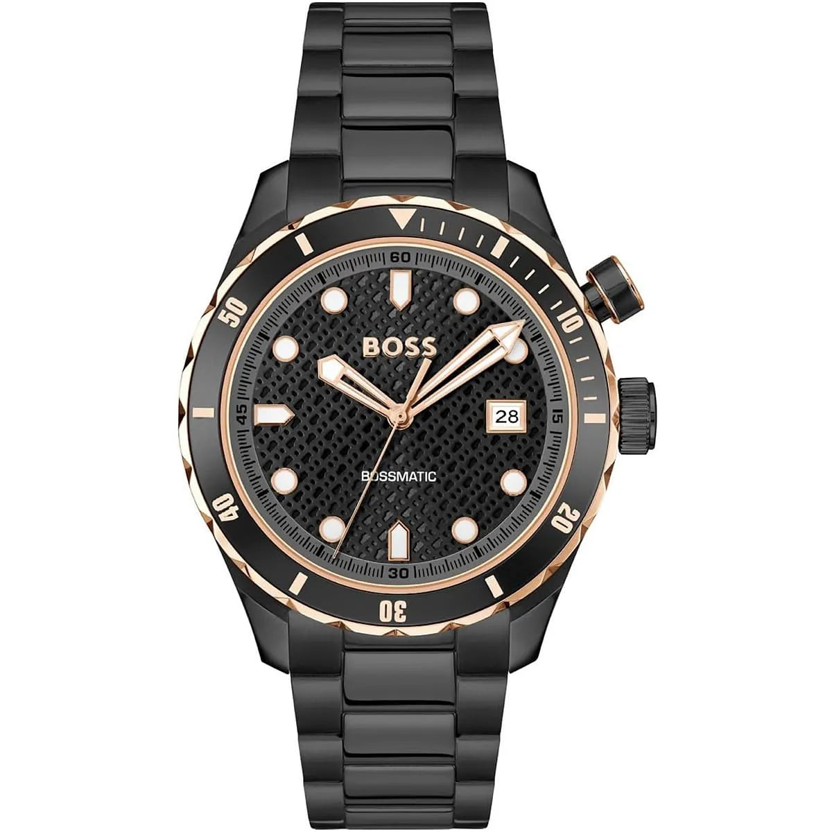 HUGO BOSS Bossmatic men's watch with black dial, gold-tone bezel, and black stainless steel strap