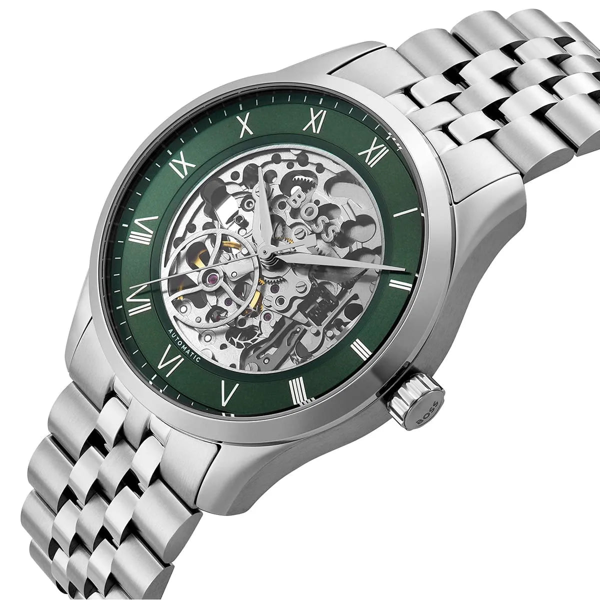 Hugo Boss 1514236 automatic watch side view with green dial and metal bracelet