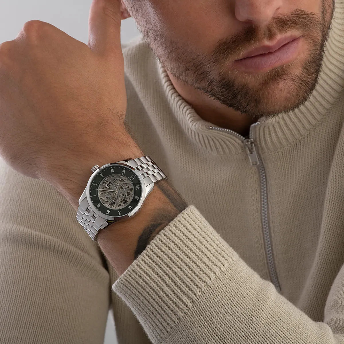 Hugo Boss 1514236 skeleton automatic watch on wrist with stainless steel bracelet