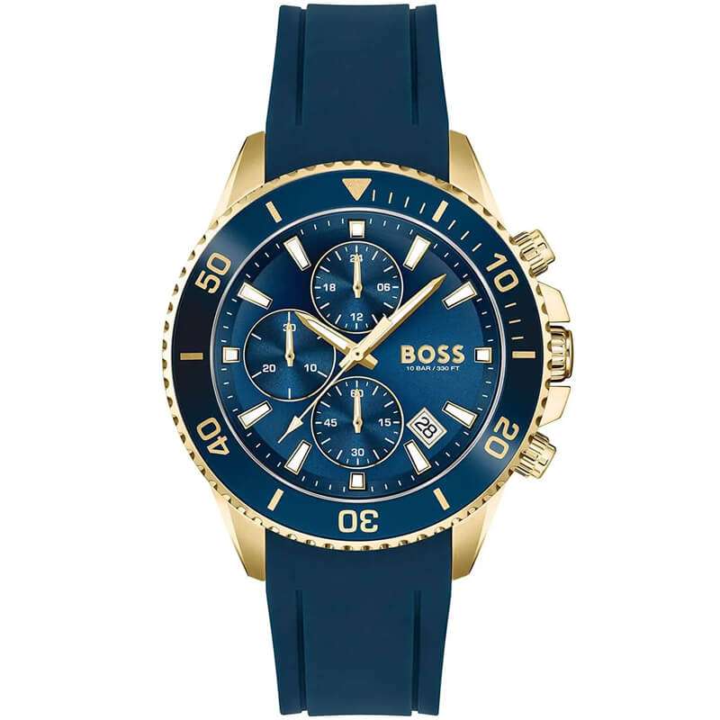 Hugo Boss Admiral blue dial chronograph watch with gold-tone case and blue silicone strap