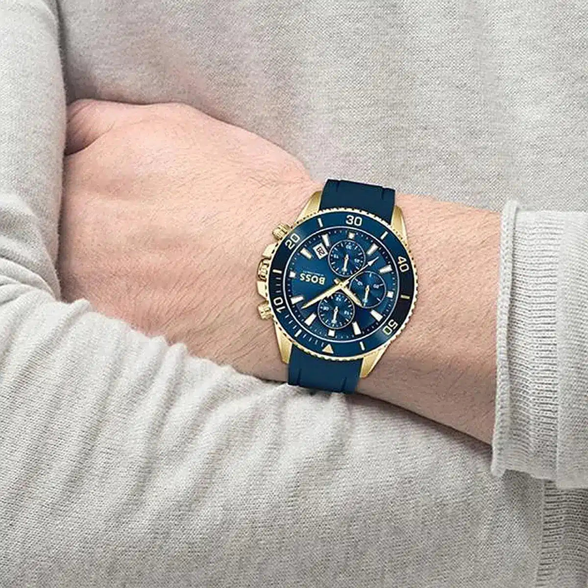 Hugo Boss Admiral blue chronograph watch worn on wrist with blue silicone strap