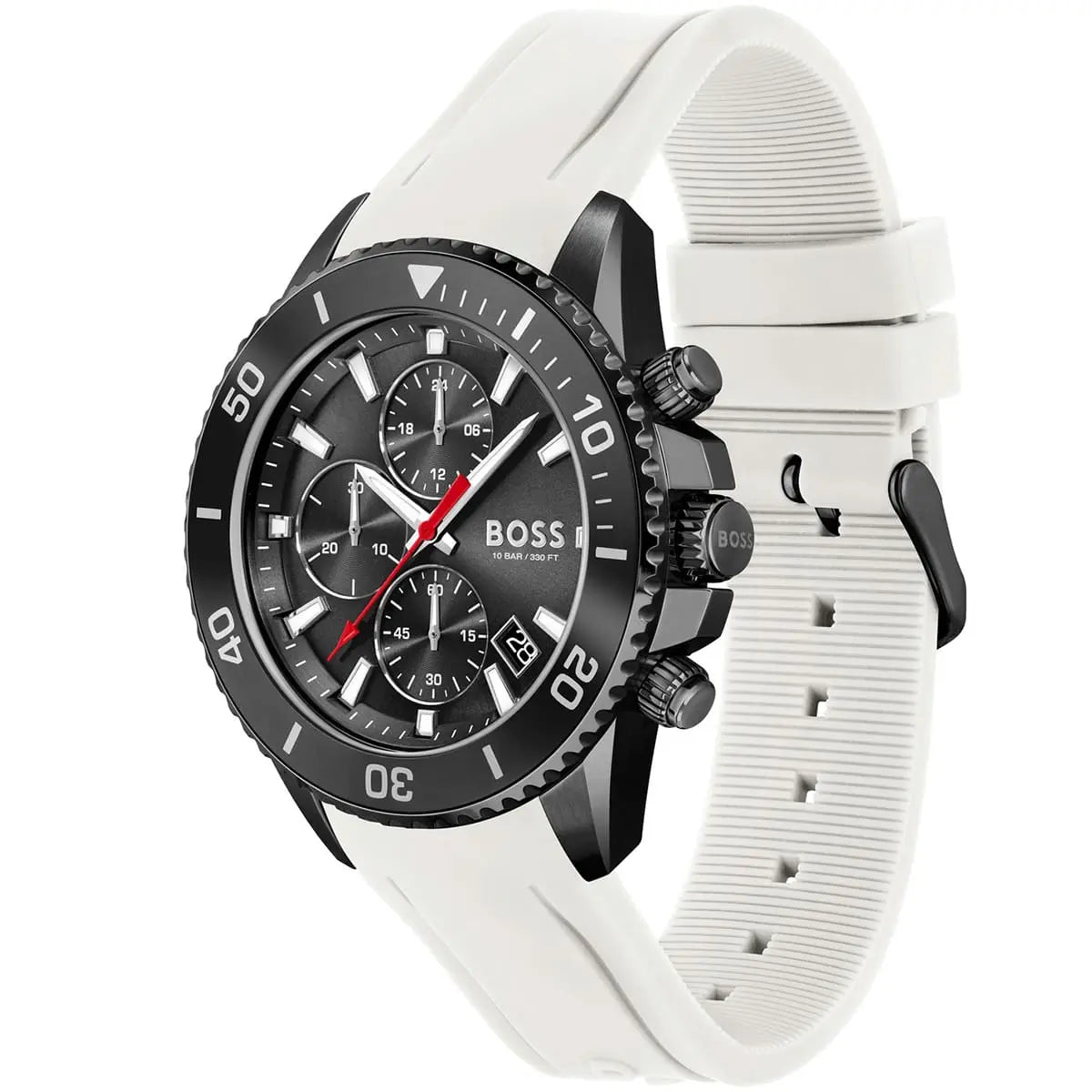 Side angle view of Hugo Boss Admiral watch displaying white rubber strap and black chronograph case