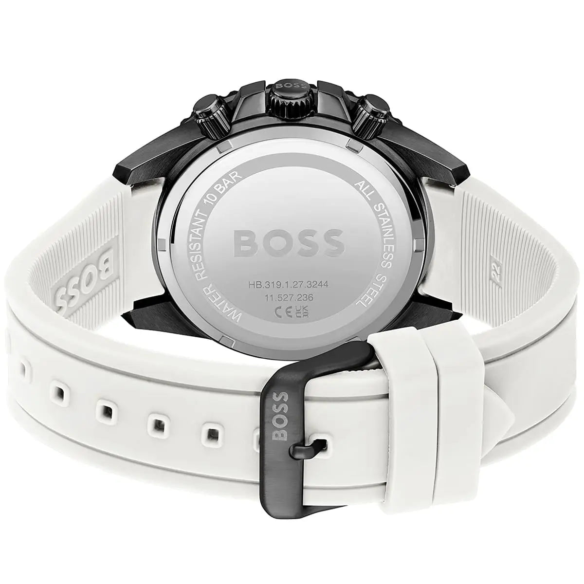 Caseback of Hugo Boss Admiral watch showing BOSS branding and model information on white strap