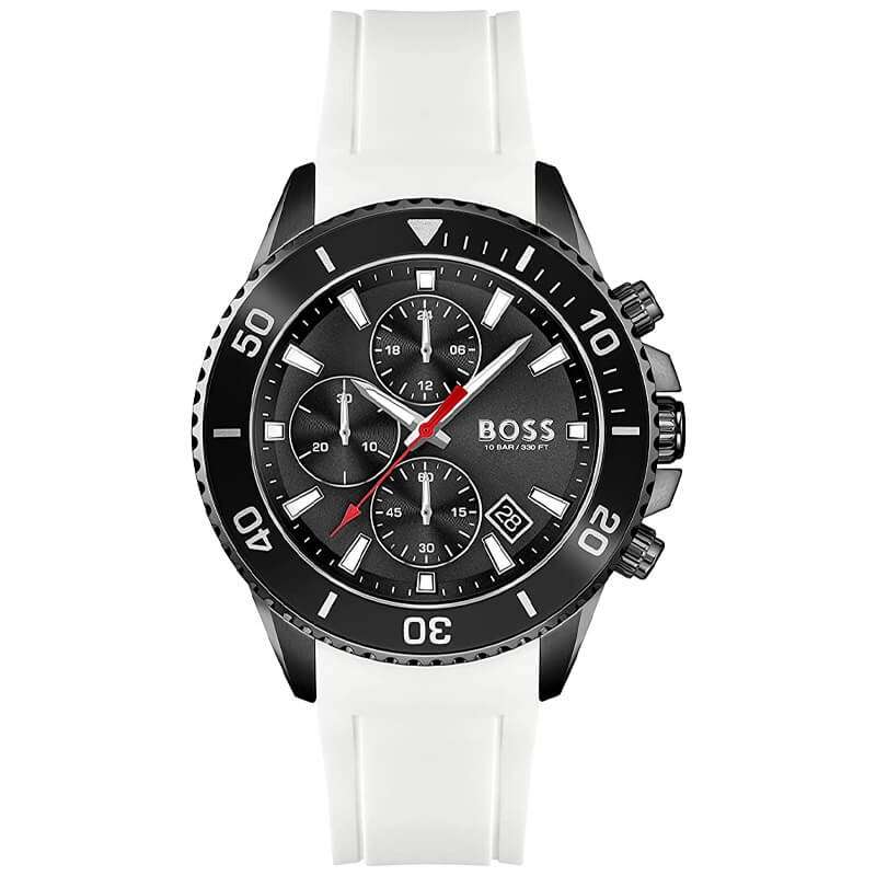 Hugo Boss Admiral chronograph watch with black dial, white rubber strap, and black bezel