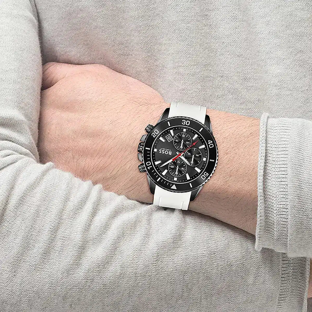 Hugo Boss Admiral chronograph watch worn on wrist with white rubber strap