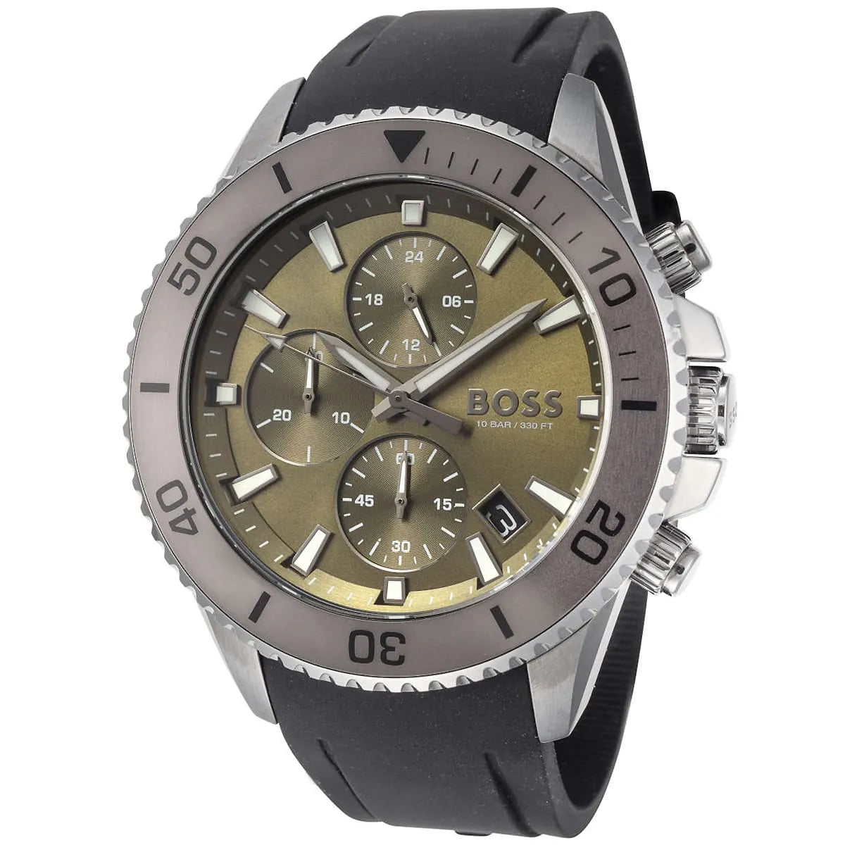 Hugo Boss Admiral chronograph watch at angle, showing green dial with subdials and tachymeter bezel