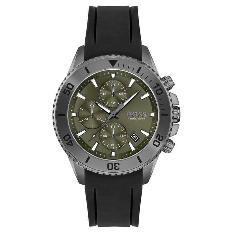 Hugo Boss Admiral chronograph men's watch with olive green dial and black rubber strap