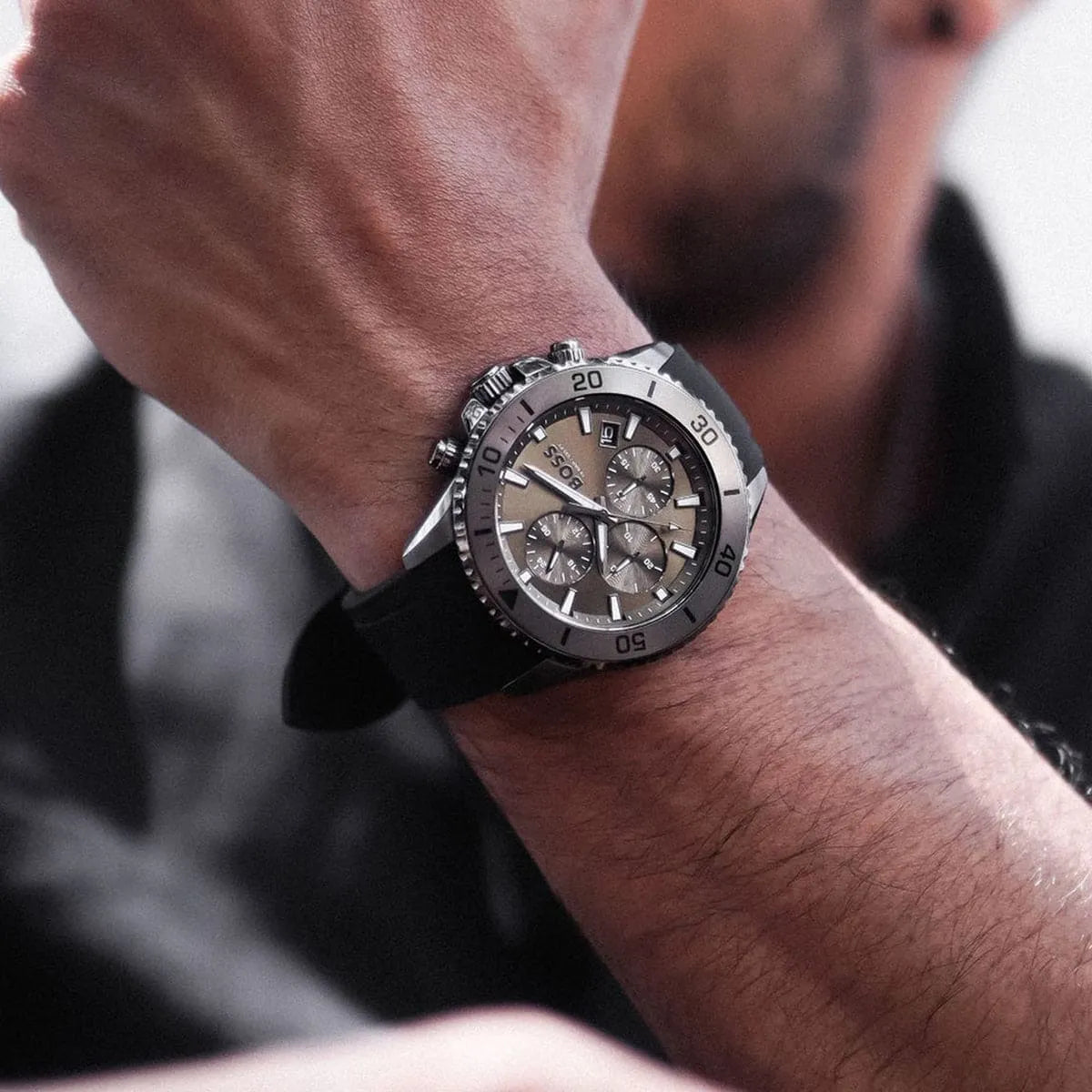 Hugo Boss Admiral chronograph watch worn on wrist with stainless steel case and black strap
