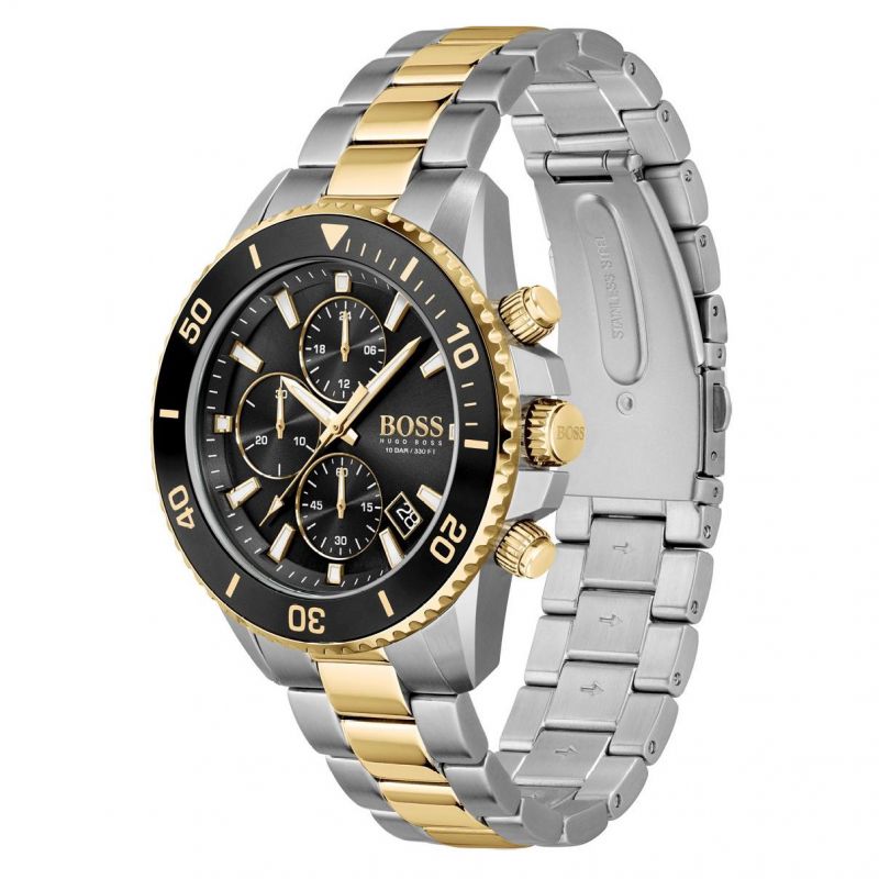 Hugo Boss Admiral chronograph watch shown at angle displaying two-tone steel and gold bracelet