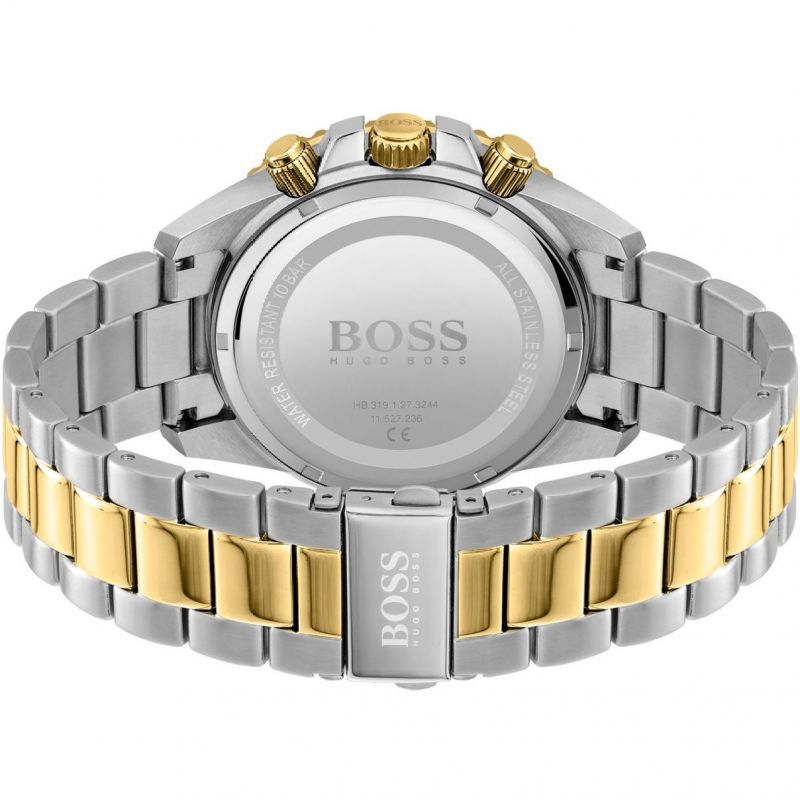 Hugo Boss Admiral chronograph caseback showing stainless steel case back and two-tone bracelet