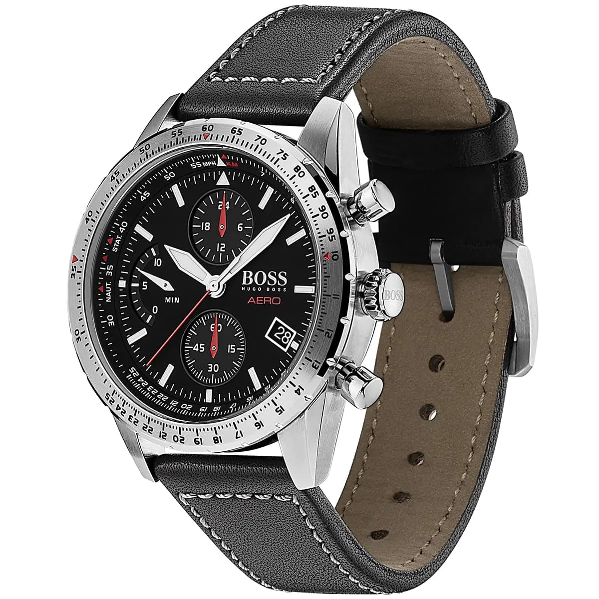 Hugo Boss Aero Chronograph Black Dial Black Leather Strap Watch for Men - 1513770