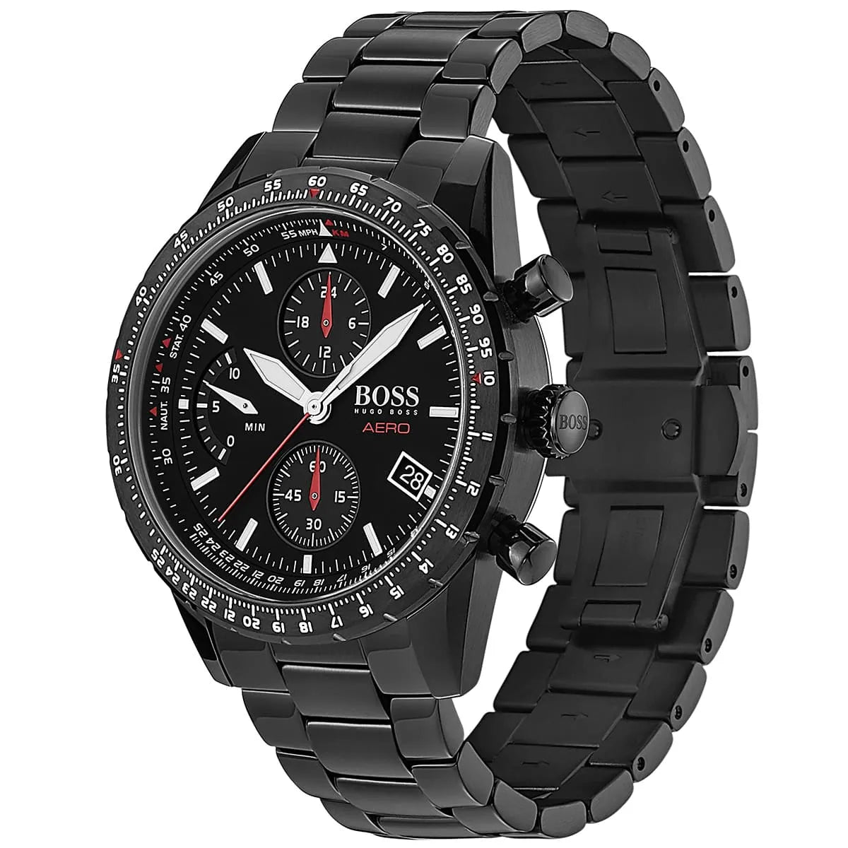 Hugo Boss Aero chronograph watch at angle showing case and black steel bracelet