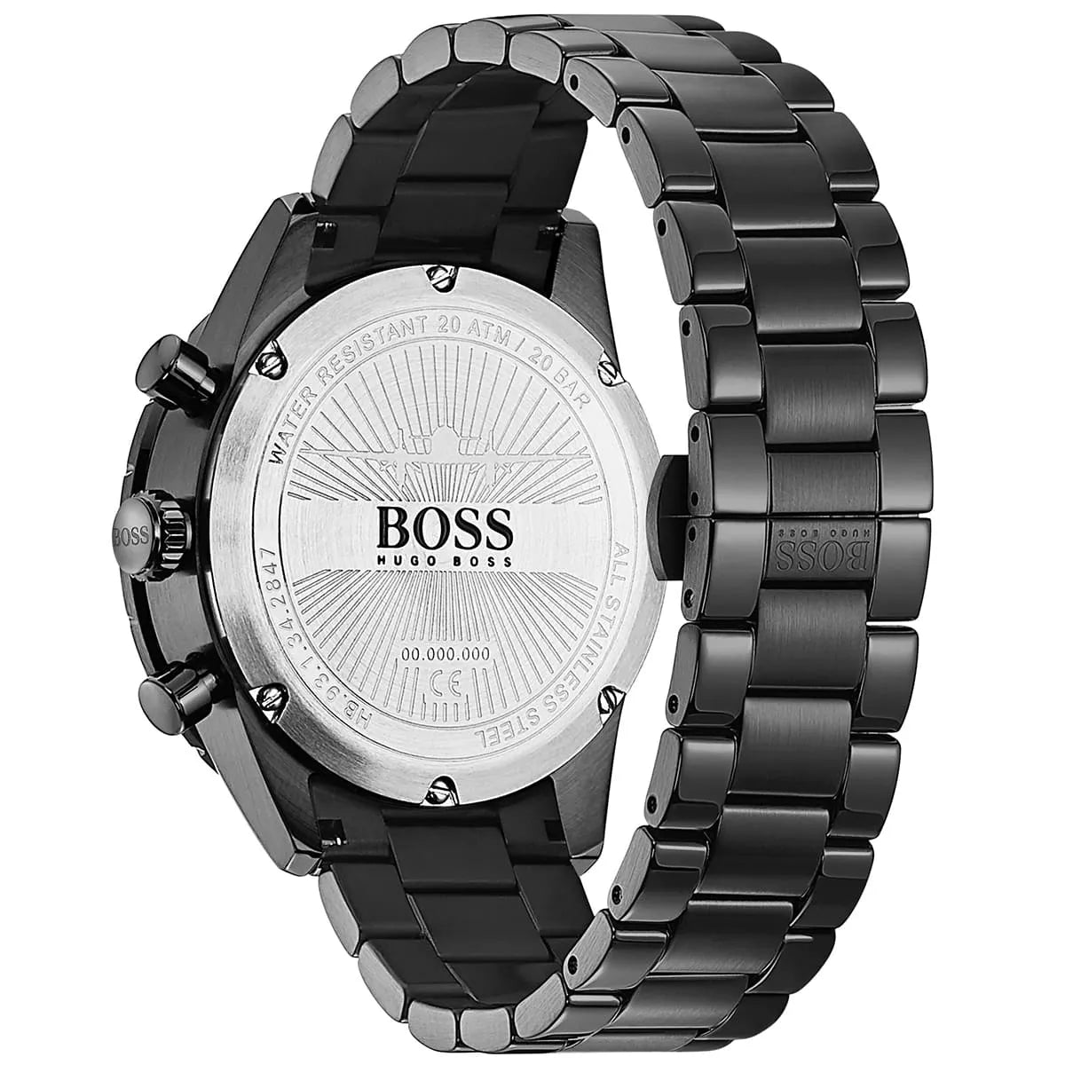 Hugo Boss Aero watch caseback with engraved sunburst pattern and text