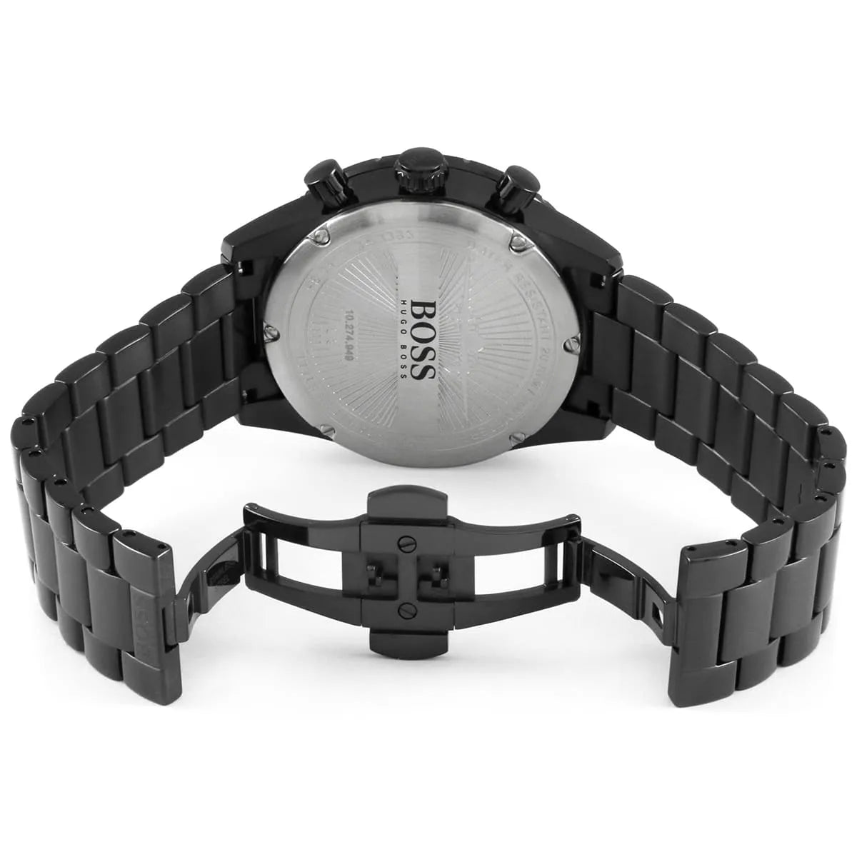 Hugo Boss Aero watch caseback showing stainless steel with radial pattern