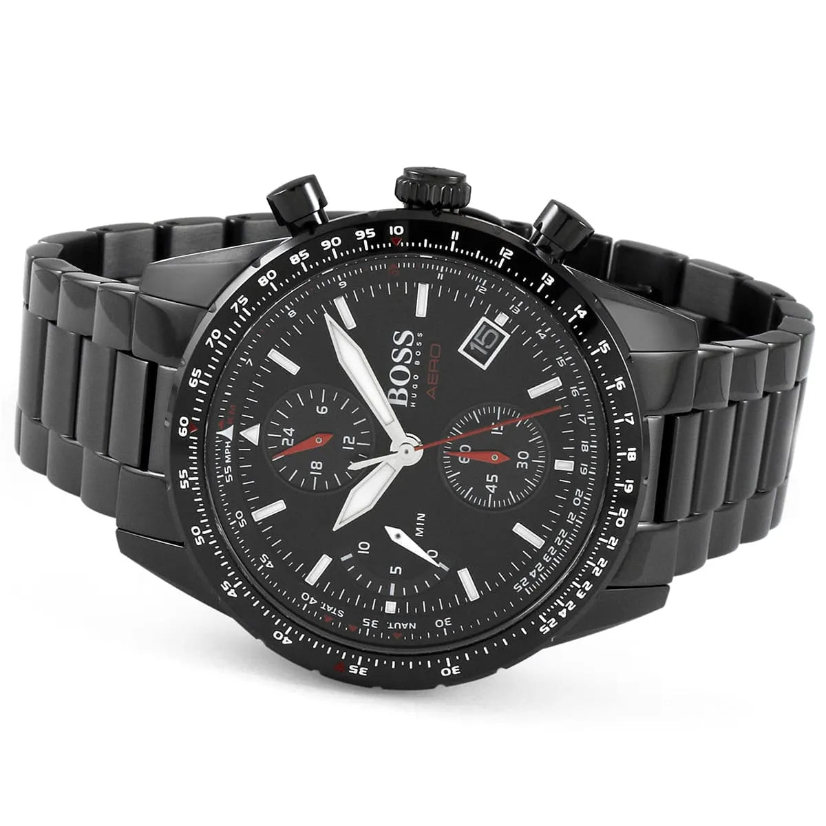Hugo Boss Aero chronograph watch displayed on wrist angle