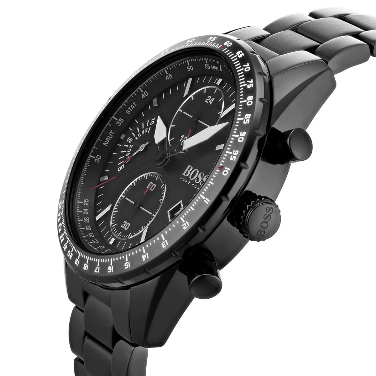 Hugo Boss Aero watch side profile showing case depth and chronograph pushers