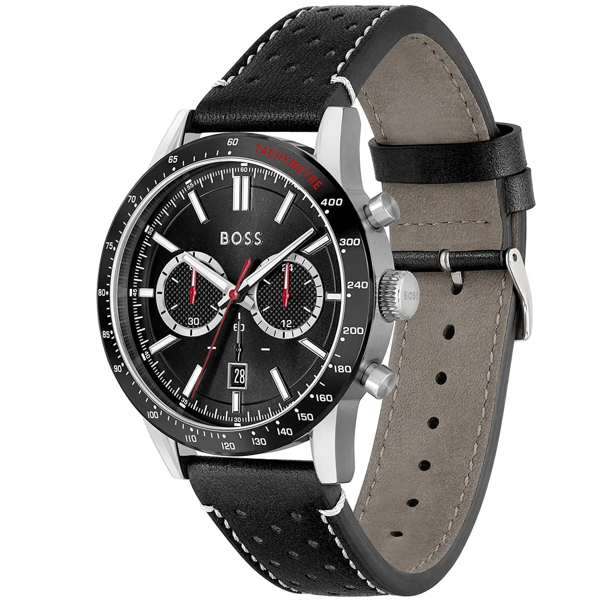 Hugo Boss Allure chronograph watch side angle showing black leather strap and case profile