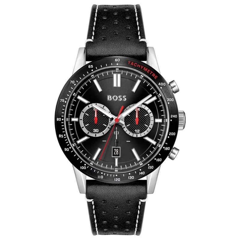 Hugo Boss Allure chronograph watch with black dial, red accents, and black leather strap